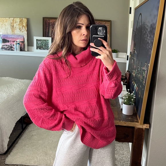 Vintage cowl turtle neck pink Barbie long sleeve chunky knit sweater tunic 8 - Picture 9 of 12